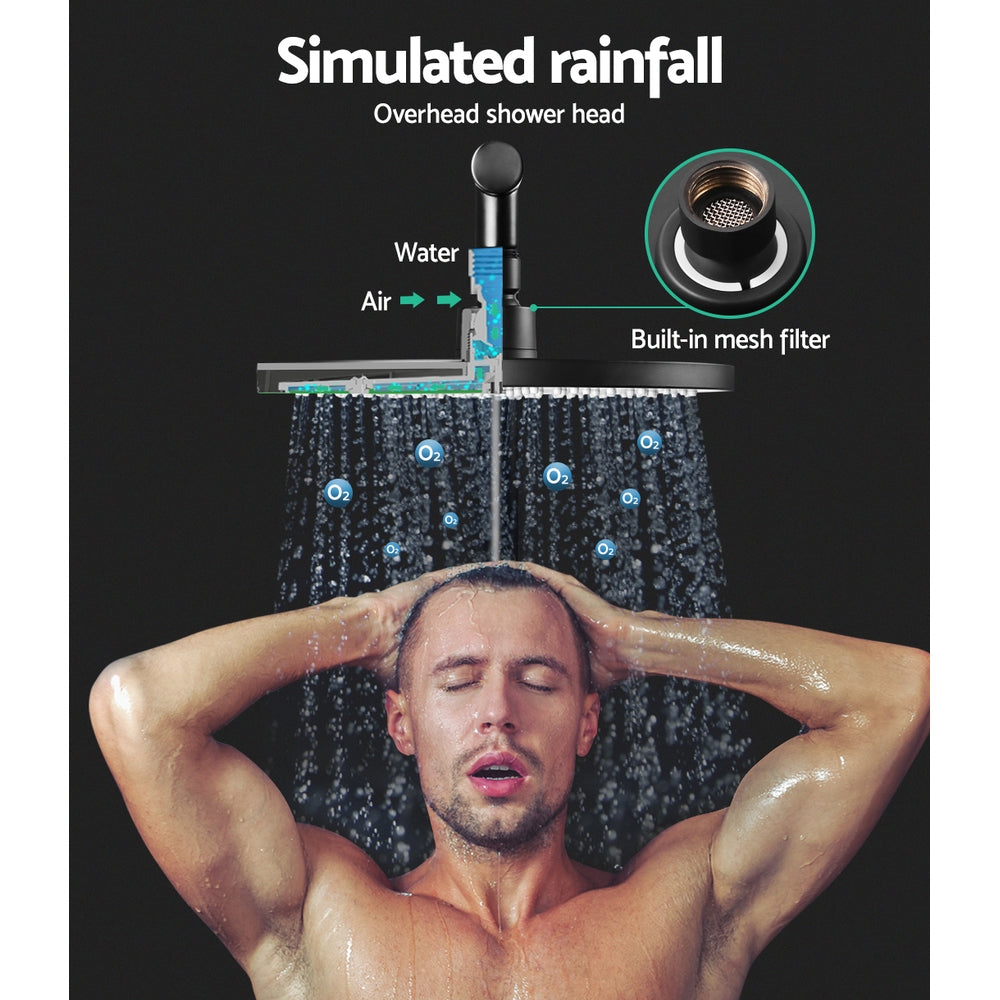 Cefito WELS 9'' Rain Shower Head Set featuring a round overhead shower and handheld shower head with a matte black finish and stainless steel hose.