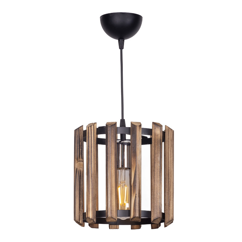 CAGE Ceiling Light in brown wood, measuring 25x25x65cm, showcasing its elegant design and light diffusion.