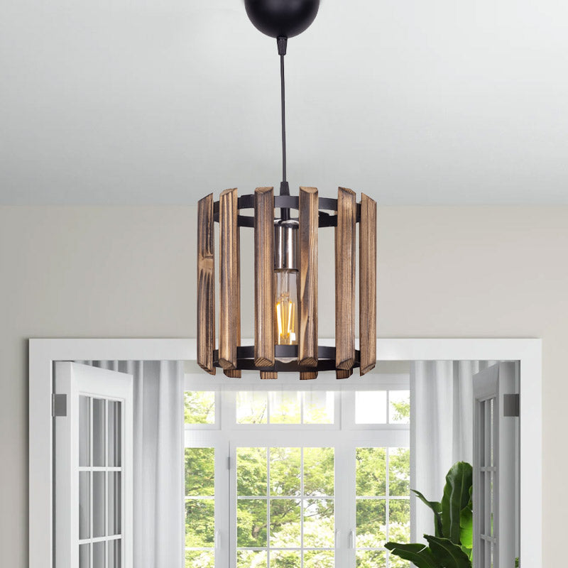 CAGE Ceiling Light in brown wood, measuring 25x25x65cm, showcasing its elegant design and light diffusion.