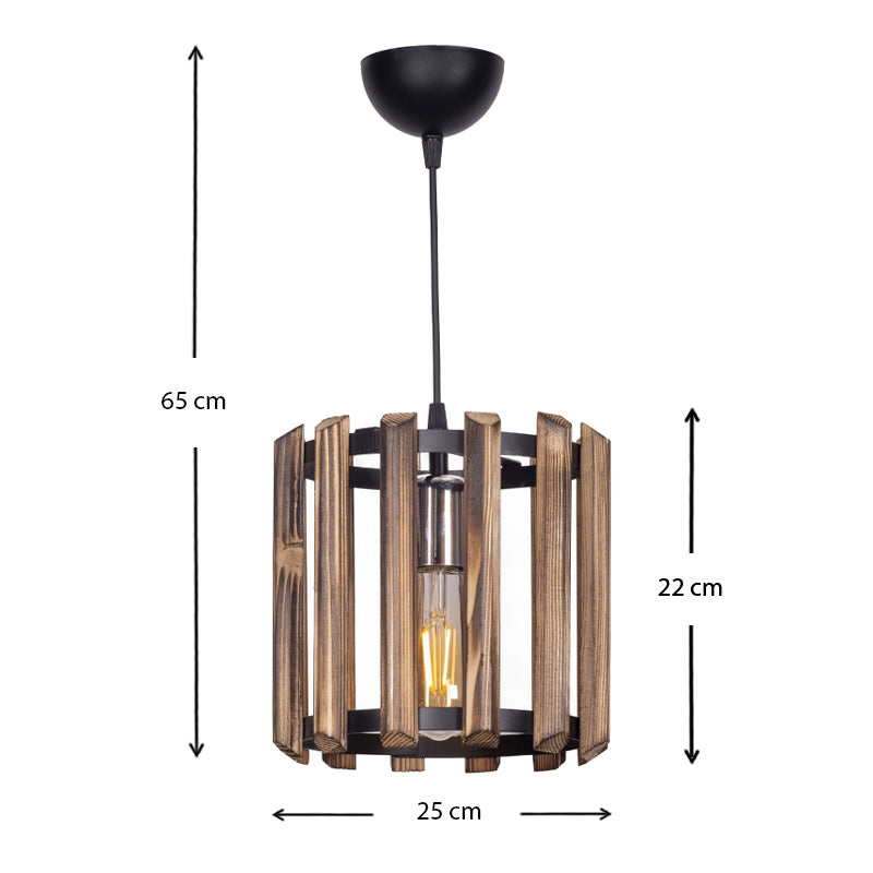 CAGE Ceiling Light in brown wood, measuring 25x25x65cm, showcasing its elegant design and light diffusion.