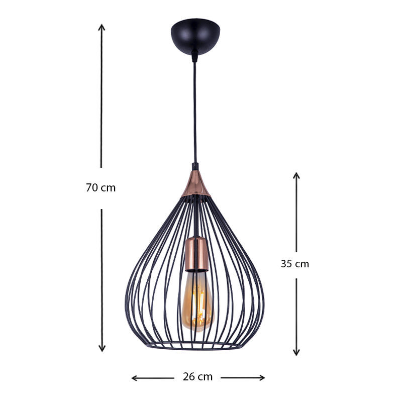 Stylish black DROP Ceiling Light with rose gold details, measuring 26x26x70cm, perfect for modern interiors.