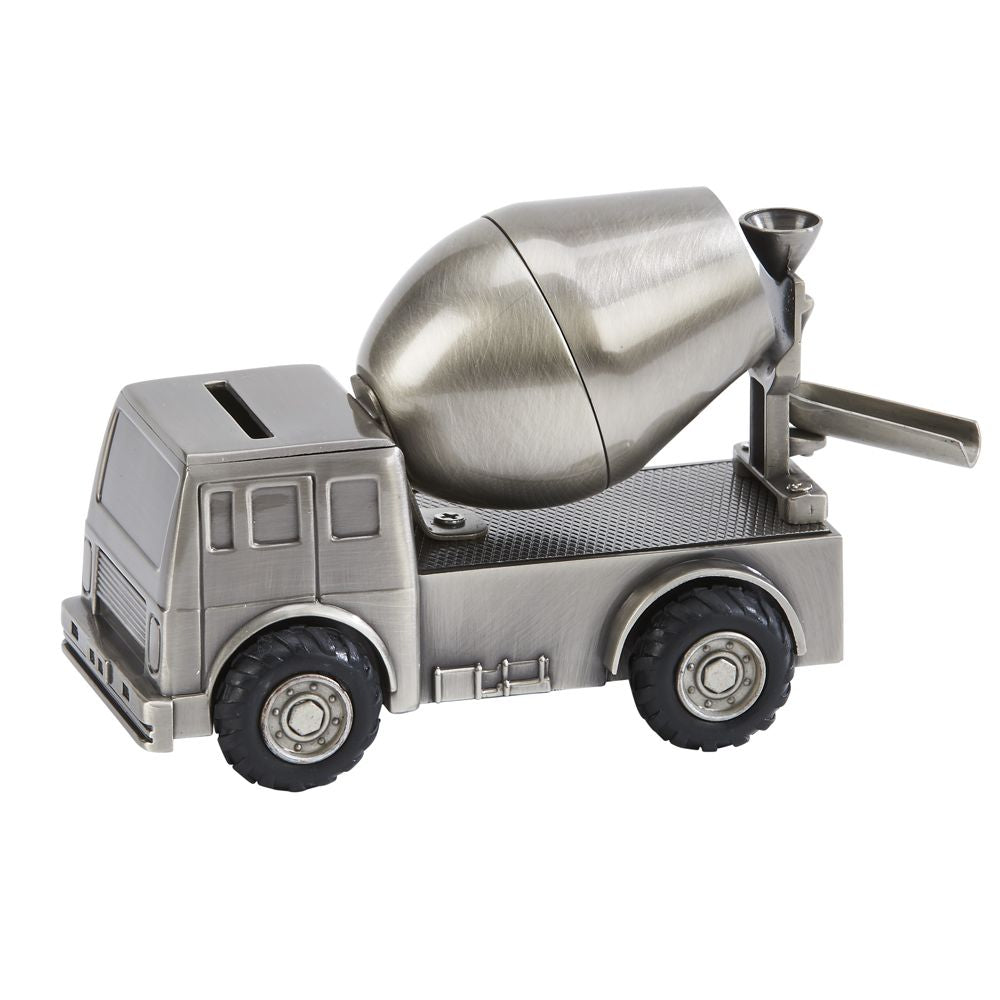 A detailed cement mixer bank in brushed pewter finish with working rubber tires and a coin slot on the roof.