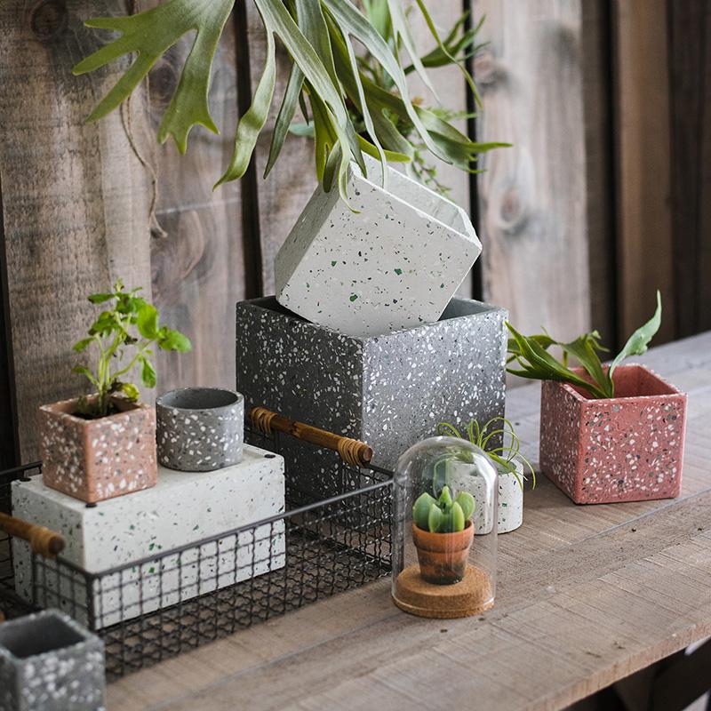 A collection of cement planters in various shapes, colors, and sizes, showcasing their modern design and durable material.