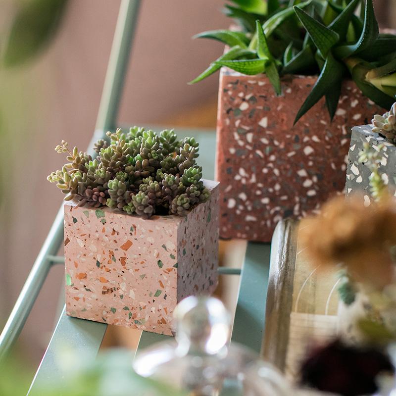 A collection of cement planters in various shapes, colors, and sizes, showcasing their modern design and durable material.