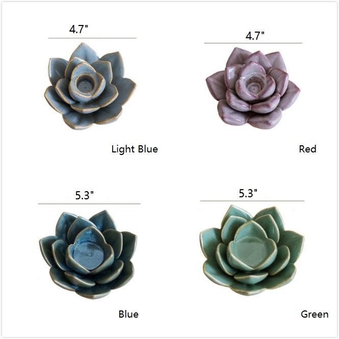 Handmade ceramic floral candle holder in light blue, blue, green, and red colors, showcasing unique designs and dimensions.