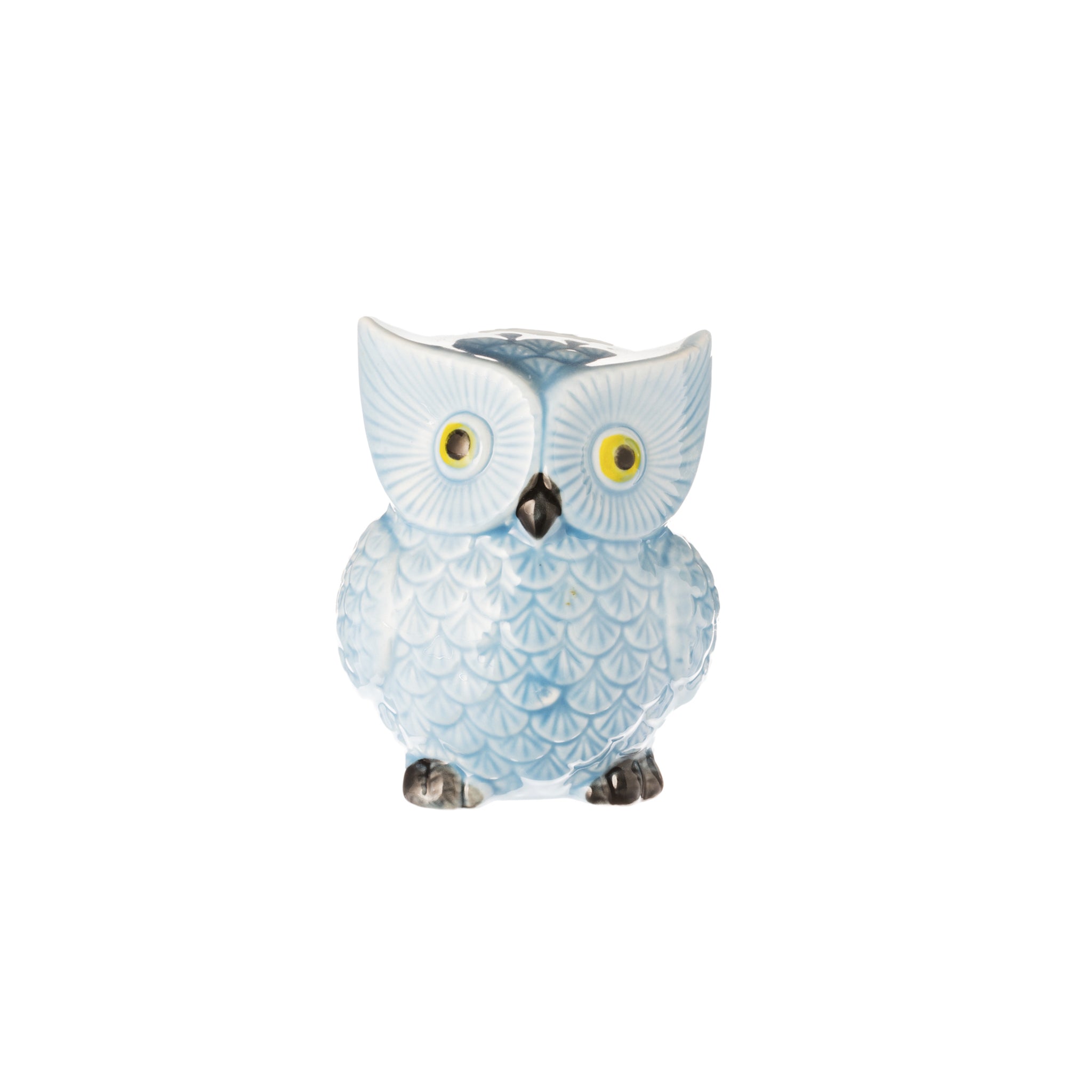 Ceramic Owl Bank in light blue color, featuring a cute owl design with smooth edges, perfect for saving coins.