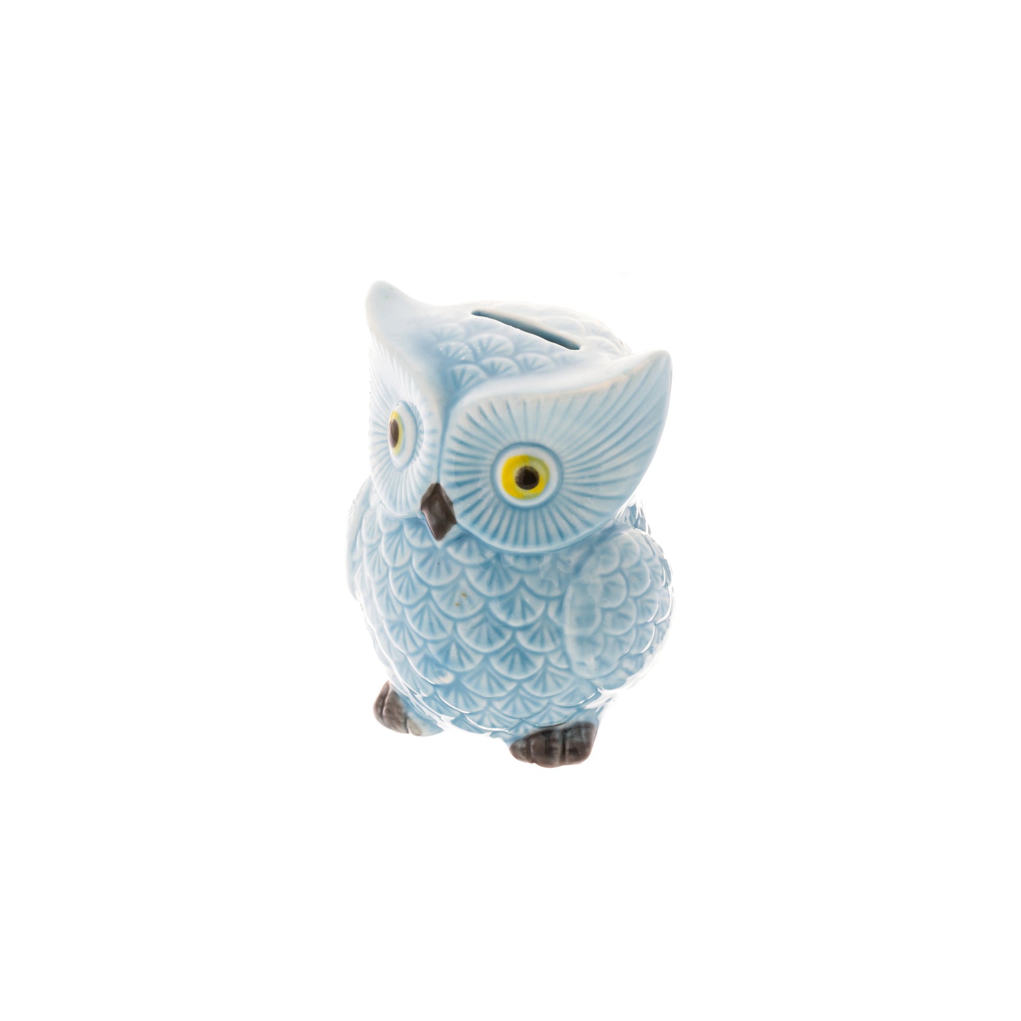 Ceramic Owl Bank in light blue color, featuring a cute owl design with smooth edges, perfect for saving coins.