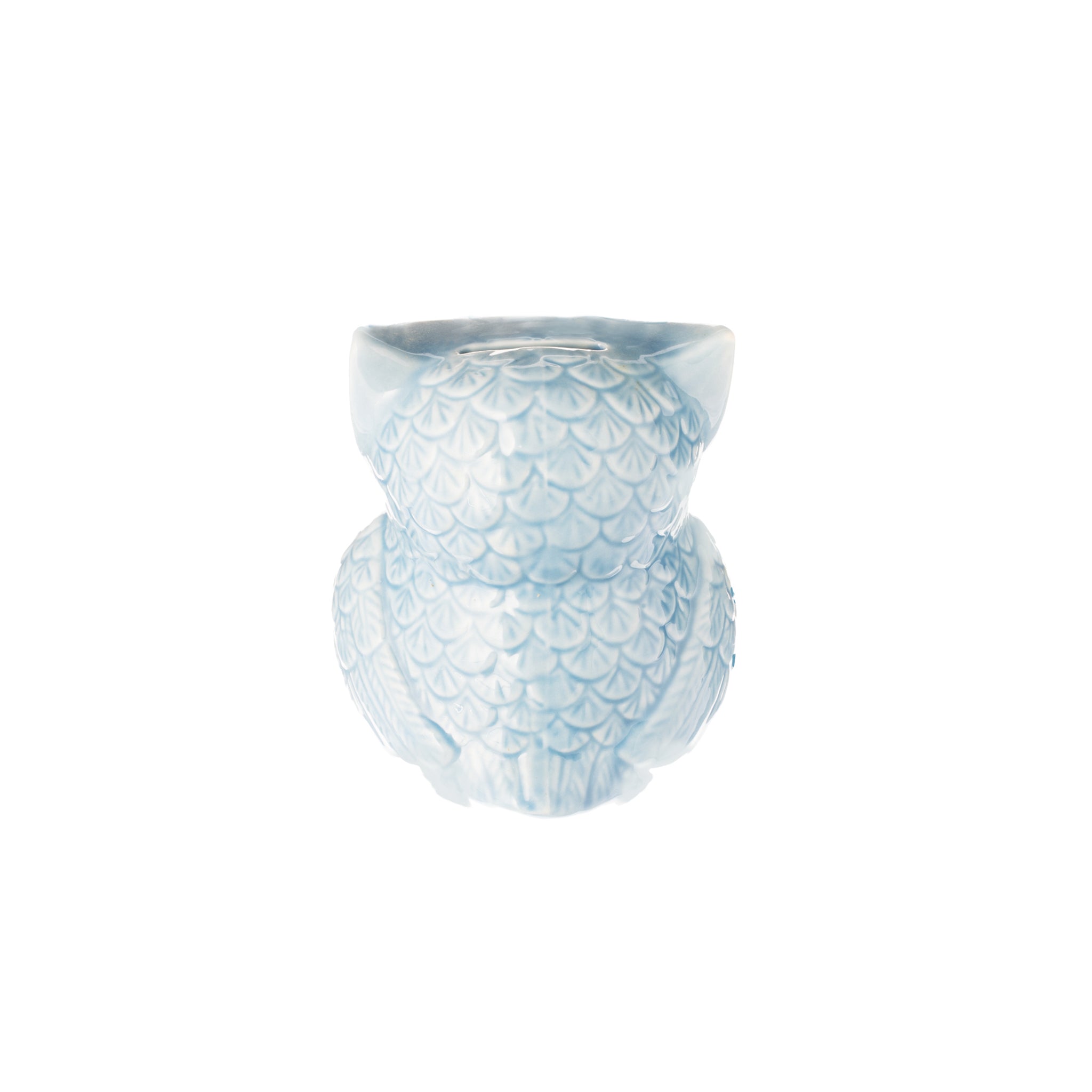 Ceramic Owl Bank in light blue color, featuring a cute owl design with smooth edges, perfect for saving coins.