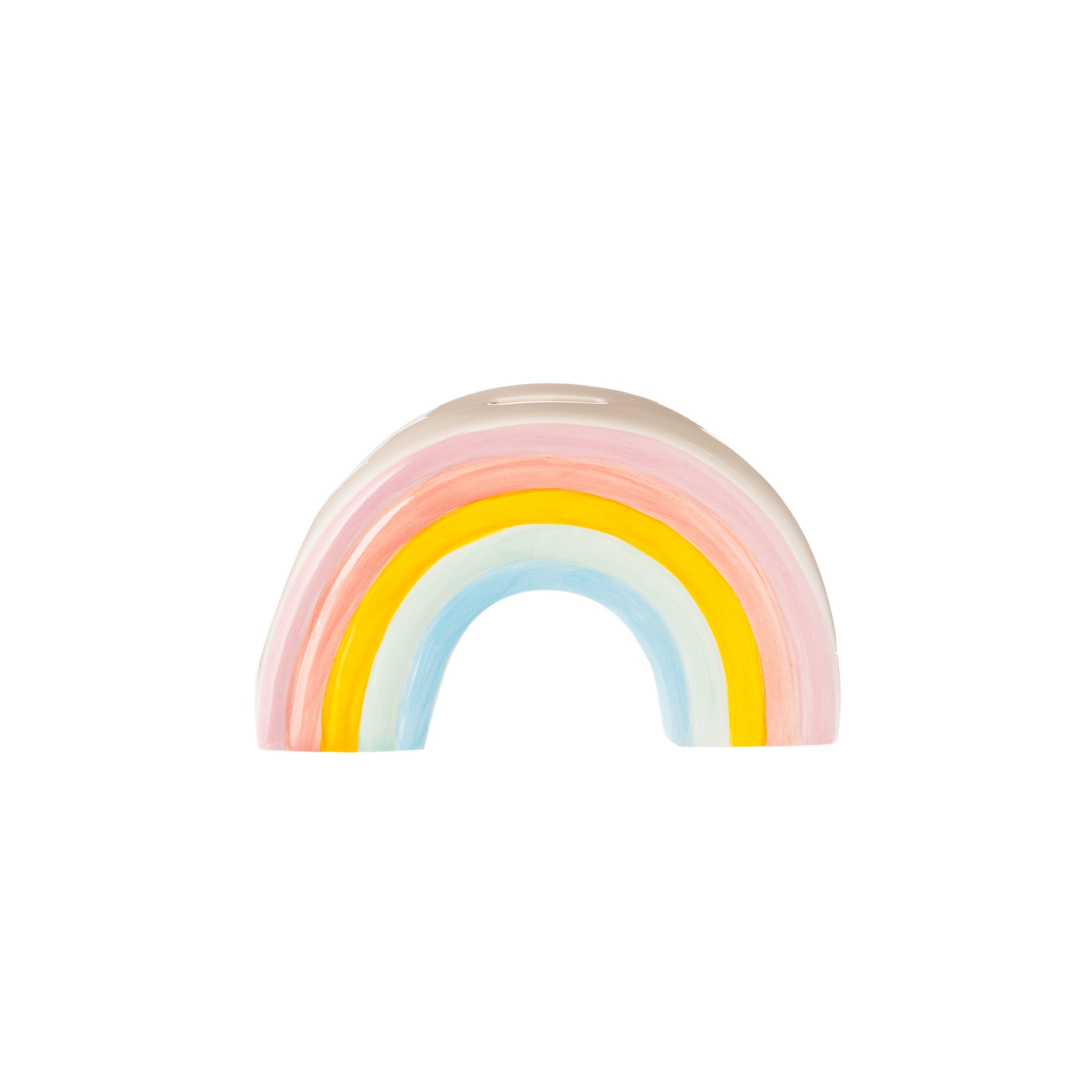 Ceramic Rainbow Bank featuring vibrant colors and a whimsical design, perfect for saving coins and as a decorative piece.