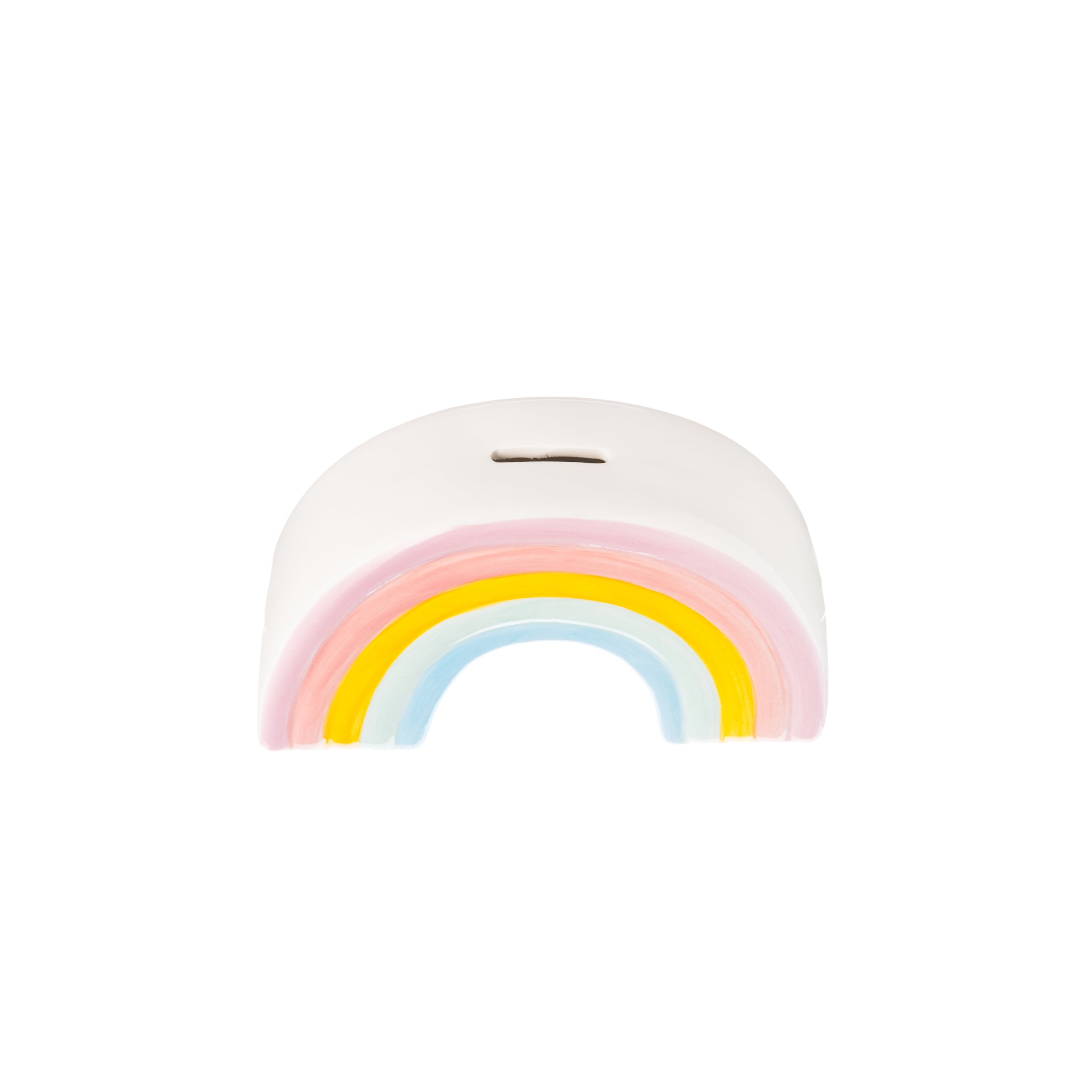 Ceramic Rainbow Bank featuring vibrant colors and a whimsical design, perfect for saving coins and as a decorative piece.