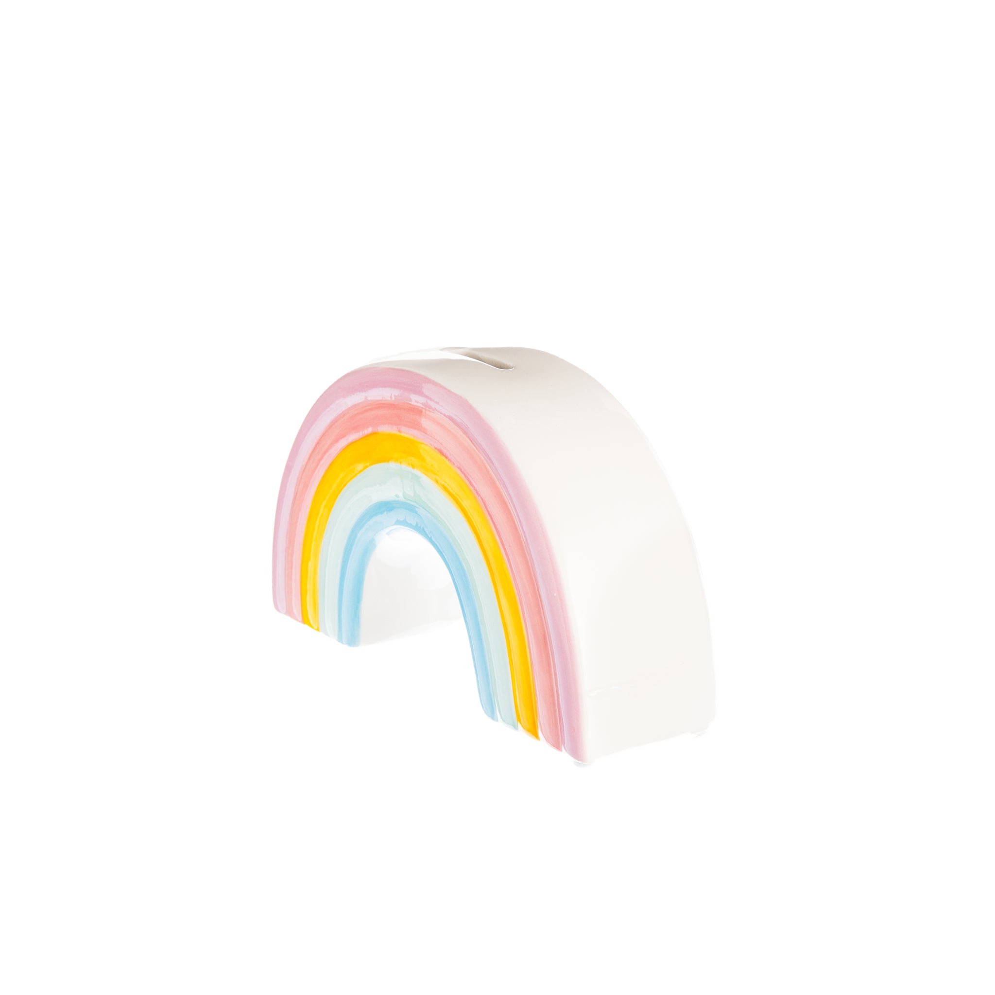 Ceramic Rainbow Bank featuring vibrant colors and a whimsical design, perfect for saving coins and as a decorative piece.