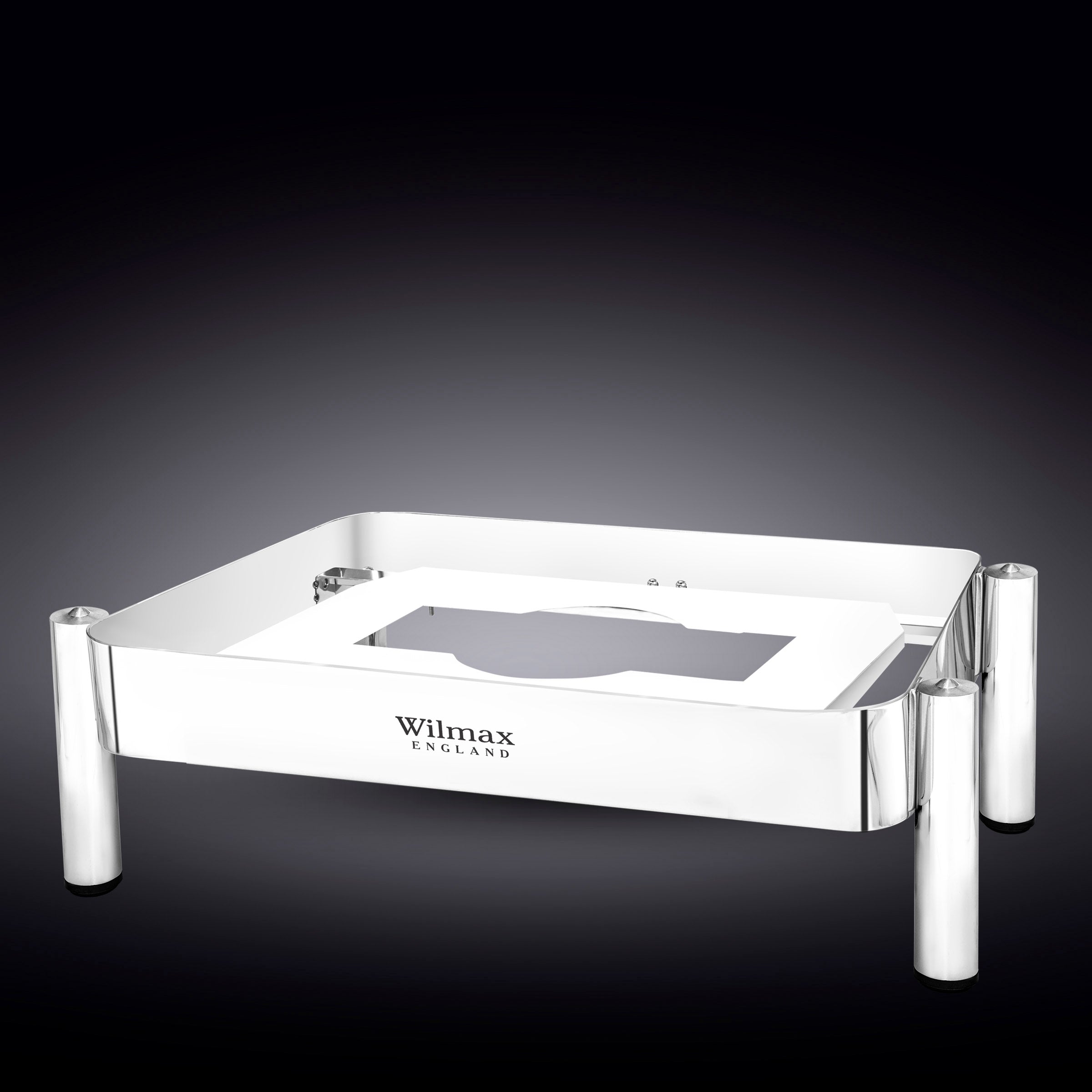 WILMAX Rectangular Chafer Stand with tempered glass lid and stainless steel body, ideal for buffet service.