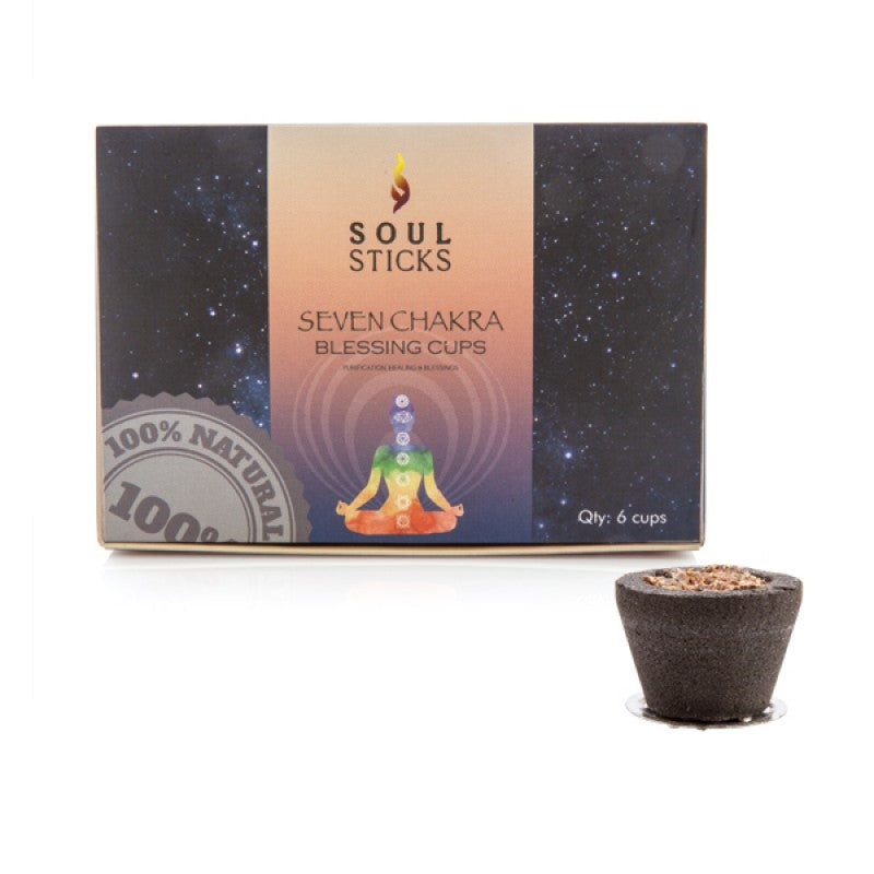 A set of six Chakra Incense Cups with a metal holder, showcasing various colors and designs, ideal for meditation and chakra balancing.