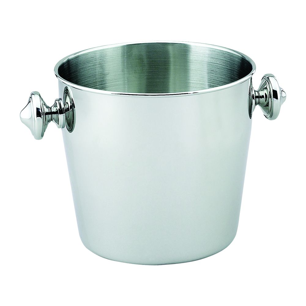 Elegant stainless steel champagne bucket with polished finish and substantial knobs, perfect for chilling champagne.