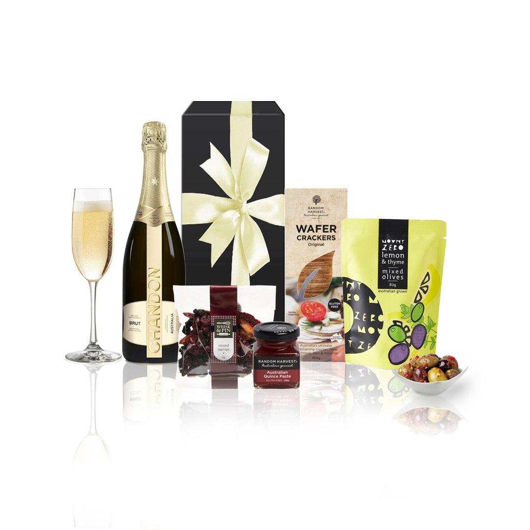 Chandon & Antipasto Hamper featuring Chandon Brut NV, olives, crackers, quince paste, and dried berries in a stylish black box.