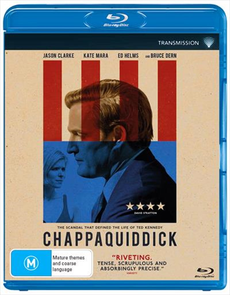 Chappaquiddick Blu-ray cover featuring Jason Clarke as Ted Kennedy and Kate Mara as Mary Jo Kopechne, highlighting the tragic car accident.