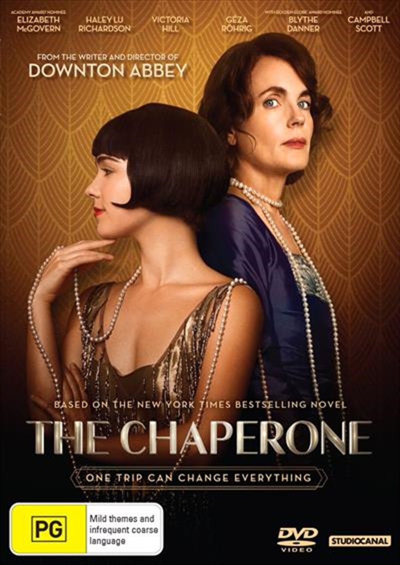 DVD cover of 'Chaperone' featuring Elizabeth McGovern and Haley Lu Richardson, set in a 1920s backdrop.