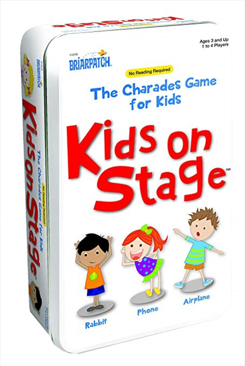 Charades Kids On Stage Tin featuring colorful charade cards and a sturdy tin container.