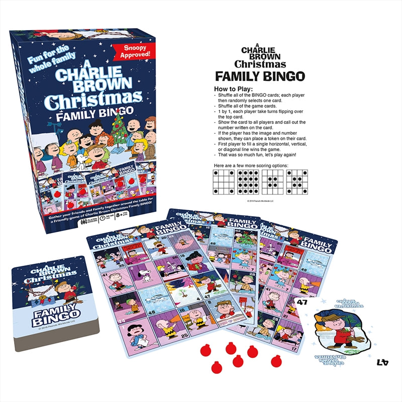 A festive Charlie Brown Christmas Family Bingo game featuring colorful bingo cards and Peanuts characters.