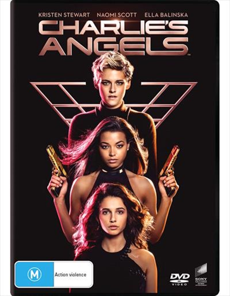 Charlie's Angels DVD cover featuring Kristen Stewart, Naomi Scott, and Ella Balinska in action poses.