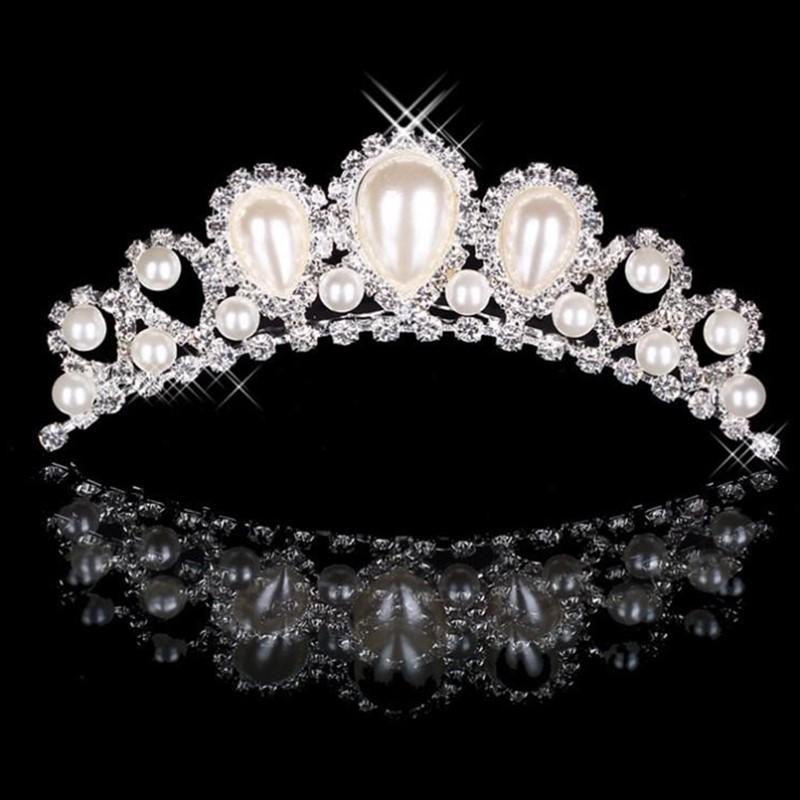 Elegant imitation pearl and rhinestone crown set, featuring a necklace and earrings, perfect for bridal and formal occasions.