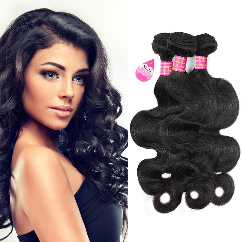 Three bundles of Cheap 8A Body Wave Virgin Human Hair Extensions in natural black color, showcasing a soft and wavy texture.