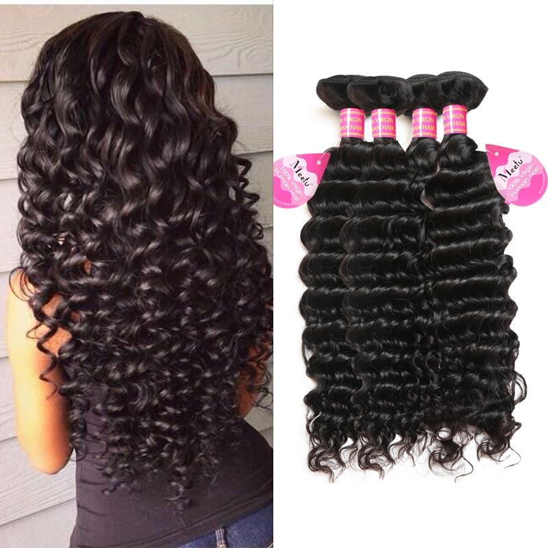 Four bundles of Cheap 8A Brazilian Human Hair in deep wave texture, showcasing the natural shine and quality of unprocessed virgin hair.