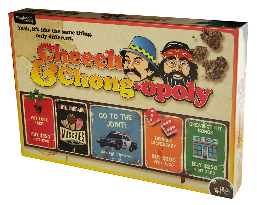 Cheech And Chong-Opoly board game featuring colorful properties and iconic characters.