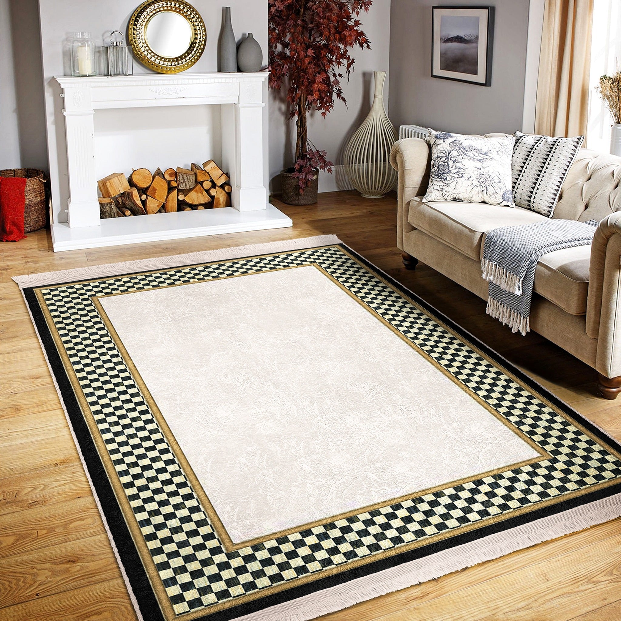 Checkered Pattern Washable Rug from Homeezone featuring a modern design with fringes, suitable for high-traffic areas.