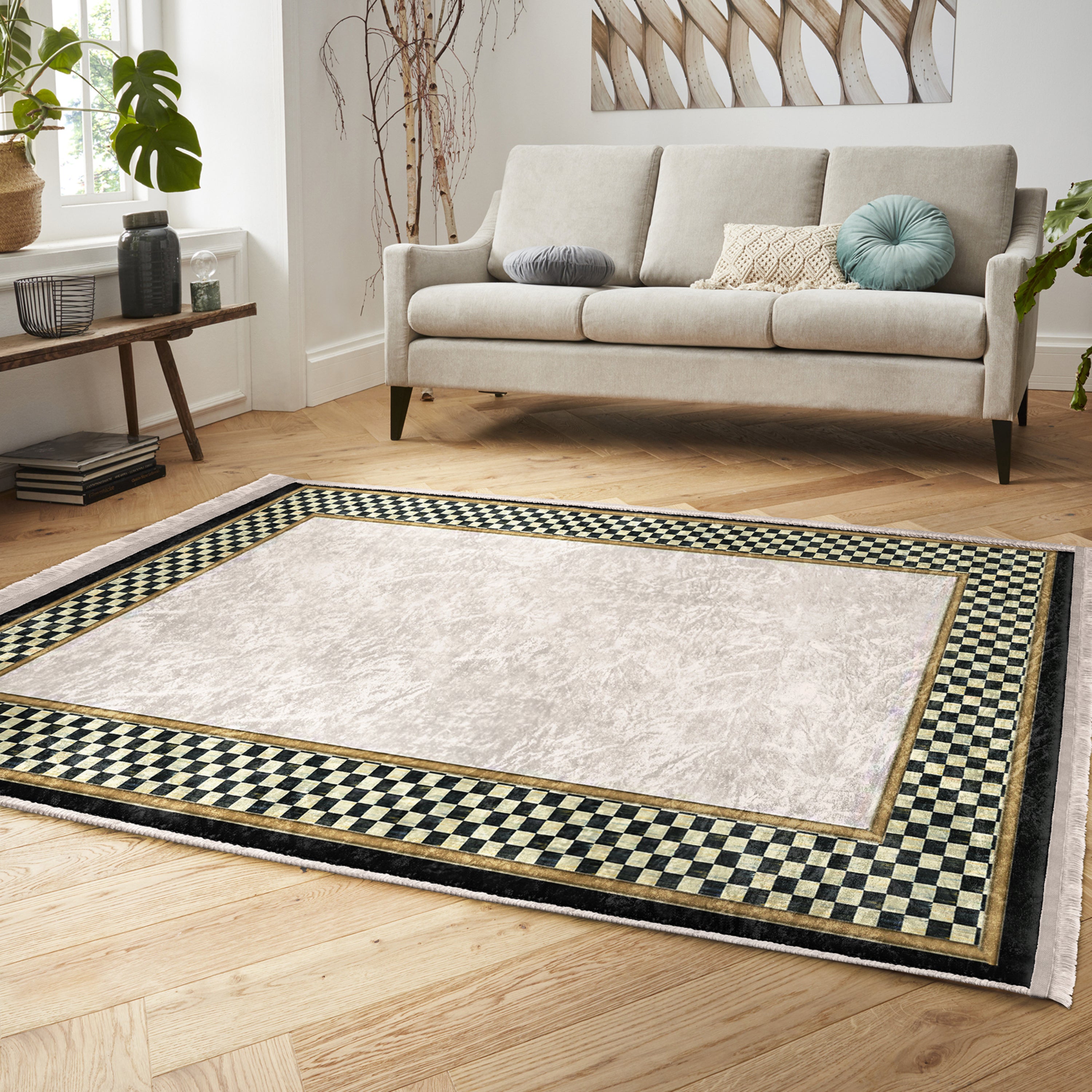 Checkered Pattern Washable Rug from Homeezone featuring a modern design with fringes, suitable for high-traffic areas.