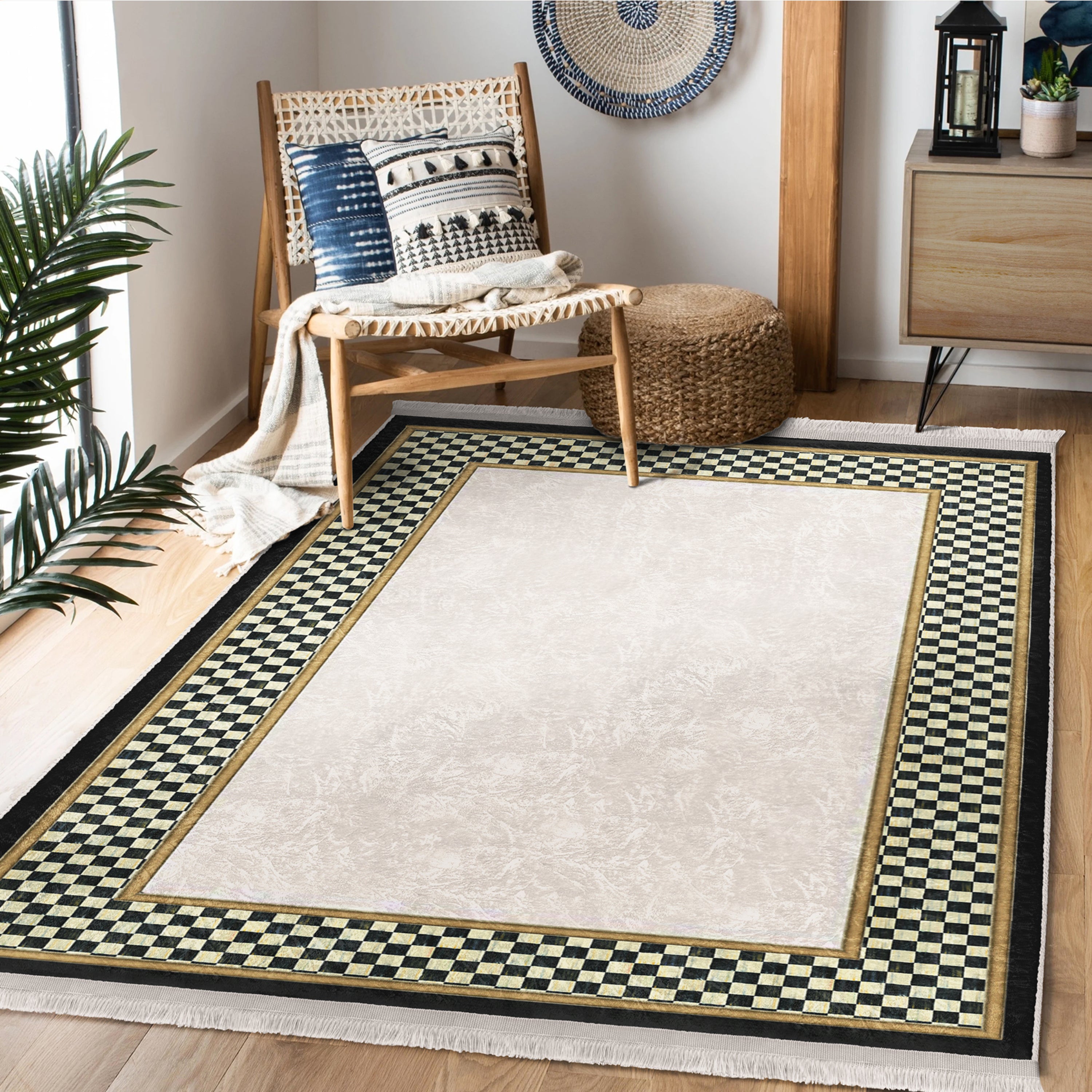 Checkered Pattern Washable Rug from Homeezone featuring a modern design with fringes, suitable for high-traffic areas.