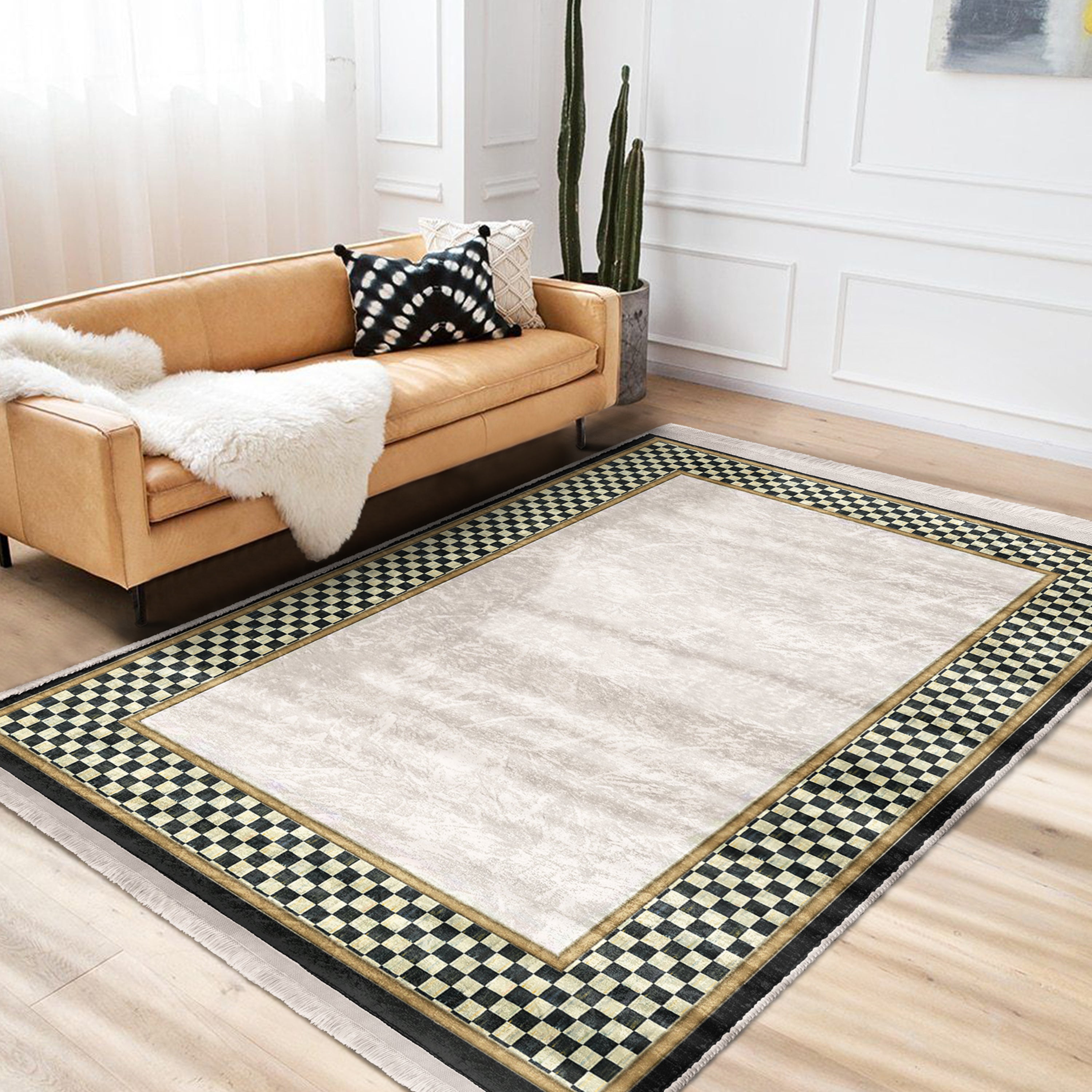 Checkered Pattern Washable Rug from Homeezone featuring a modern design with fringes, suitable for high-traffic areas.