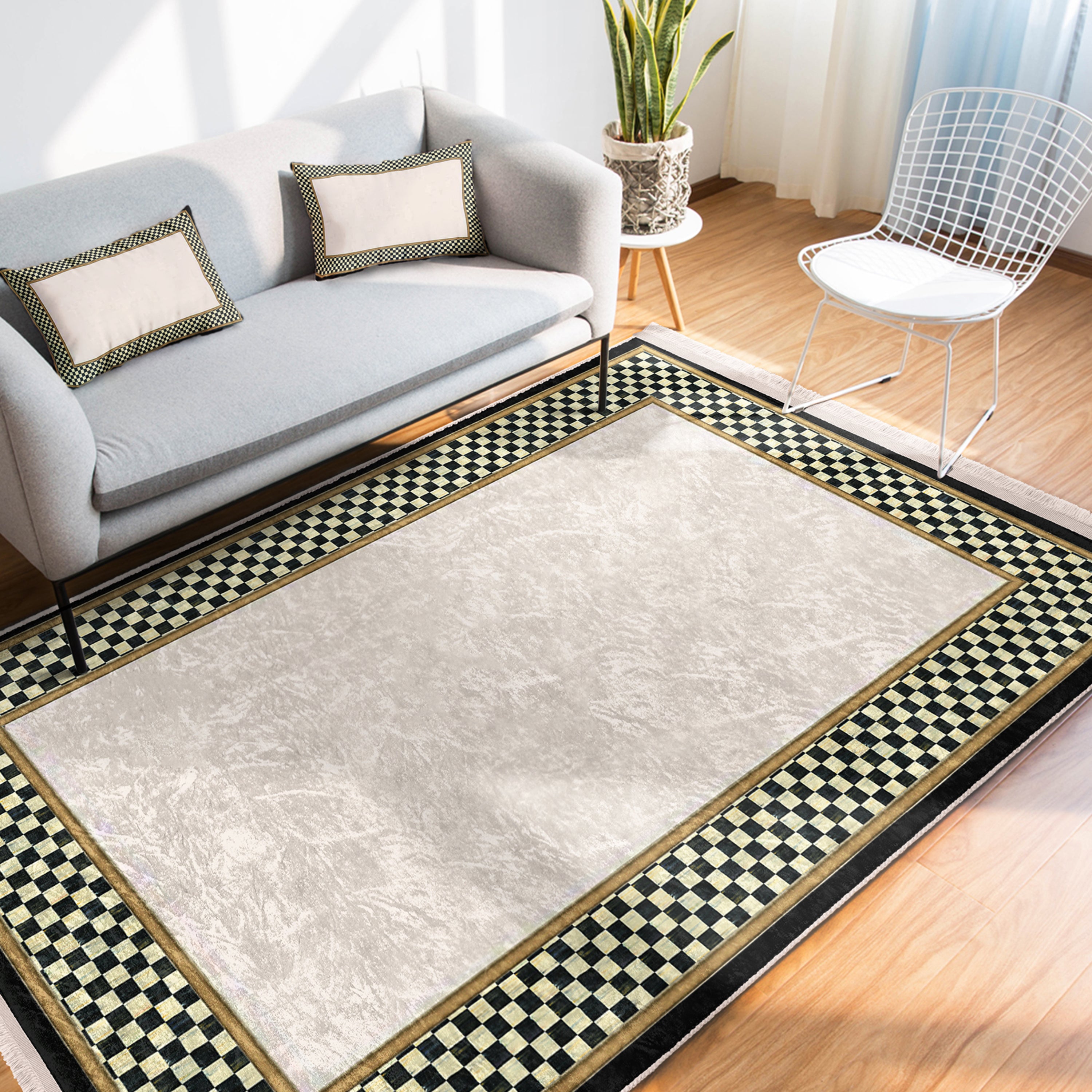 Checkered Pattern Washable Rug from Homeezone featuring a modern design with fringes, suitable for high-traffic areas.