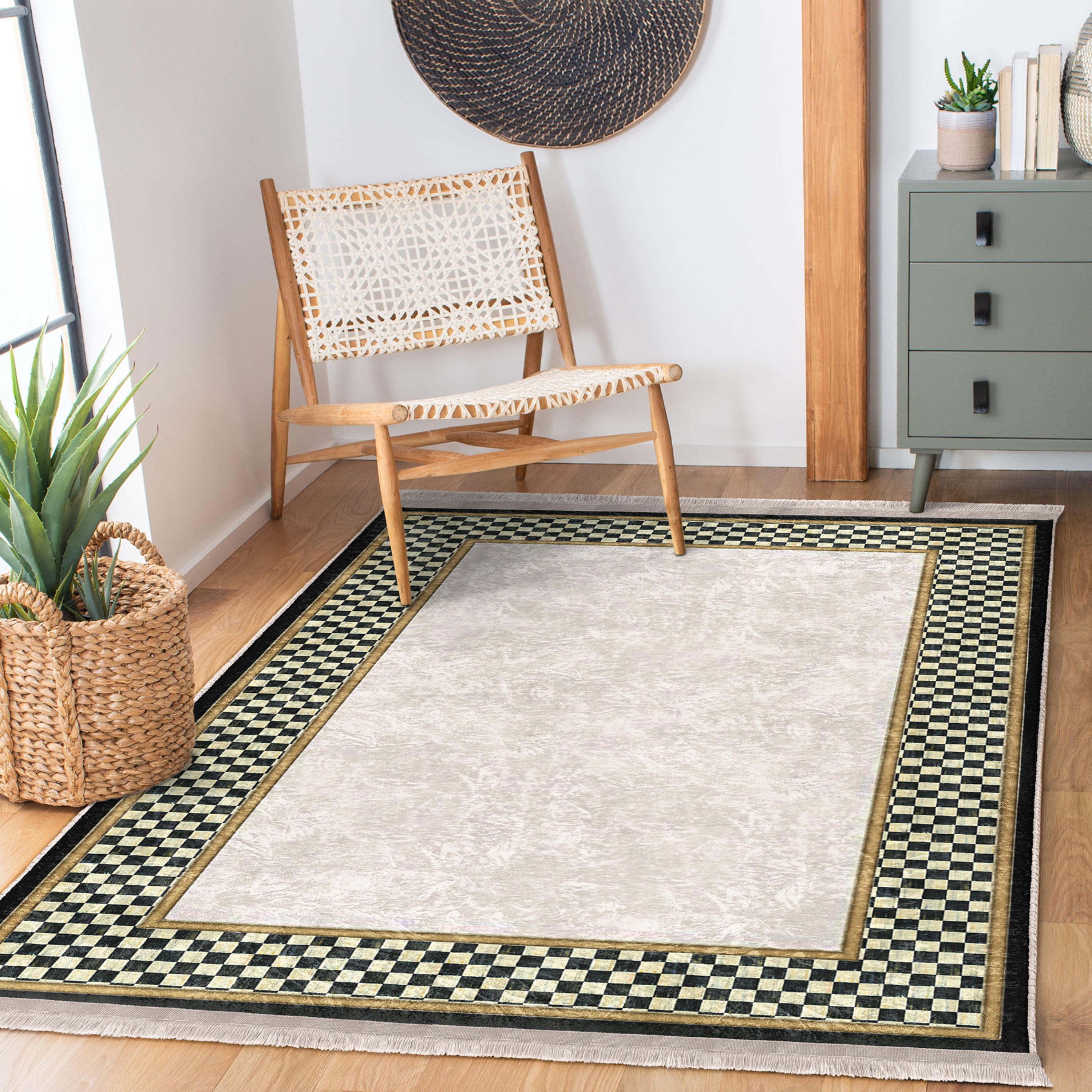 Checkered Pattern Washable Rug from Homeezone featuring a modern design with fringes, suitable for high-traffic areas.