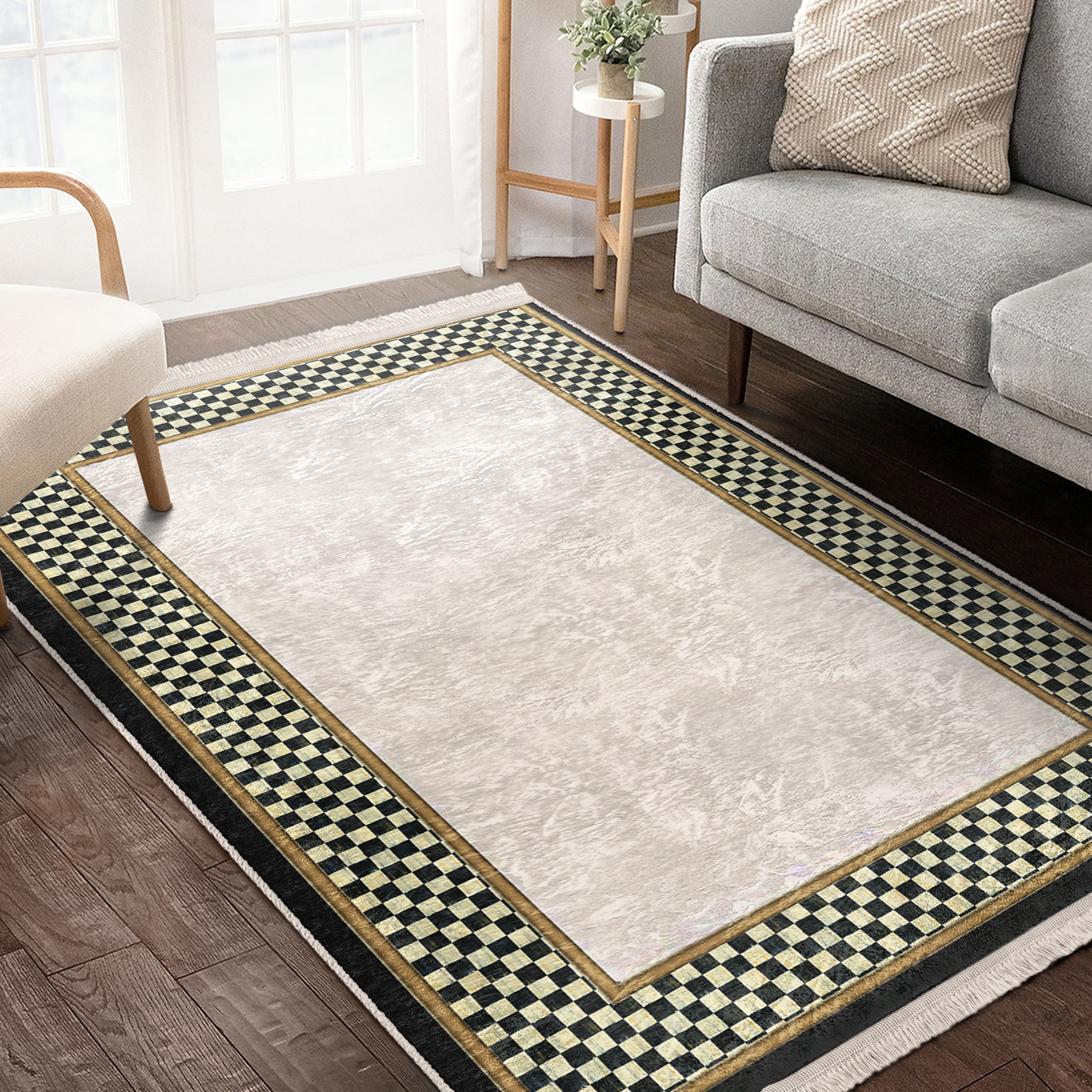 Checkered Pattern Washable Rug from Homeezone featuring a modern design with fringes, suitable for high-traffic areas.