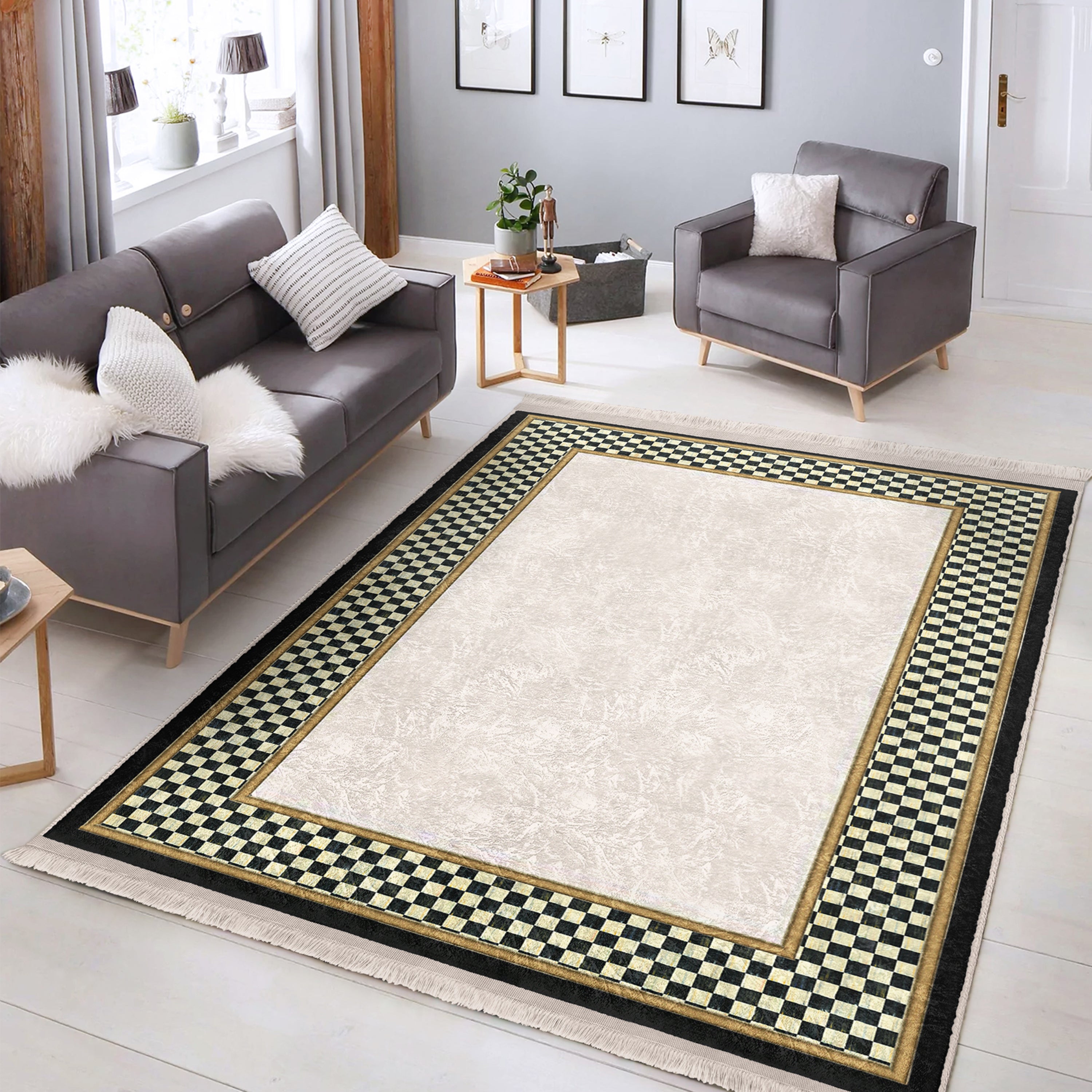 Checkered Pattern Washable Rug from Homeezone featuring a modern design with fringes, suitable for high-traffic areas.