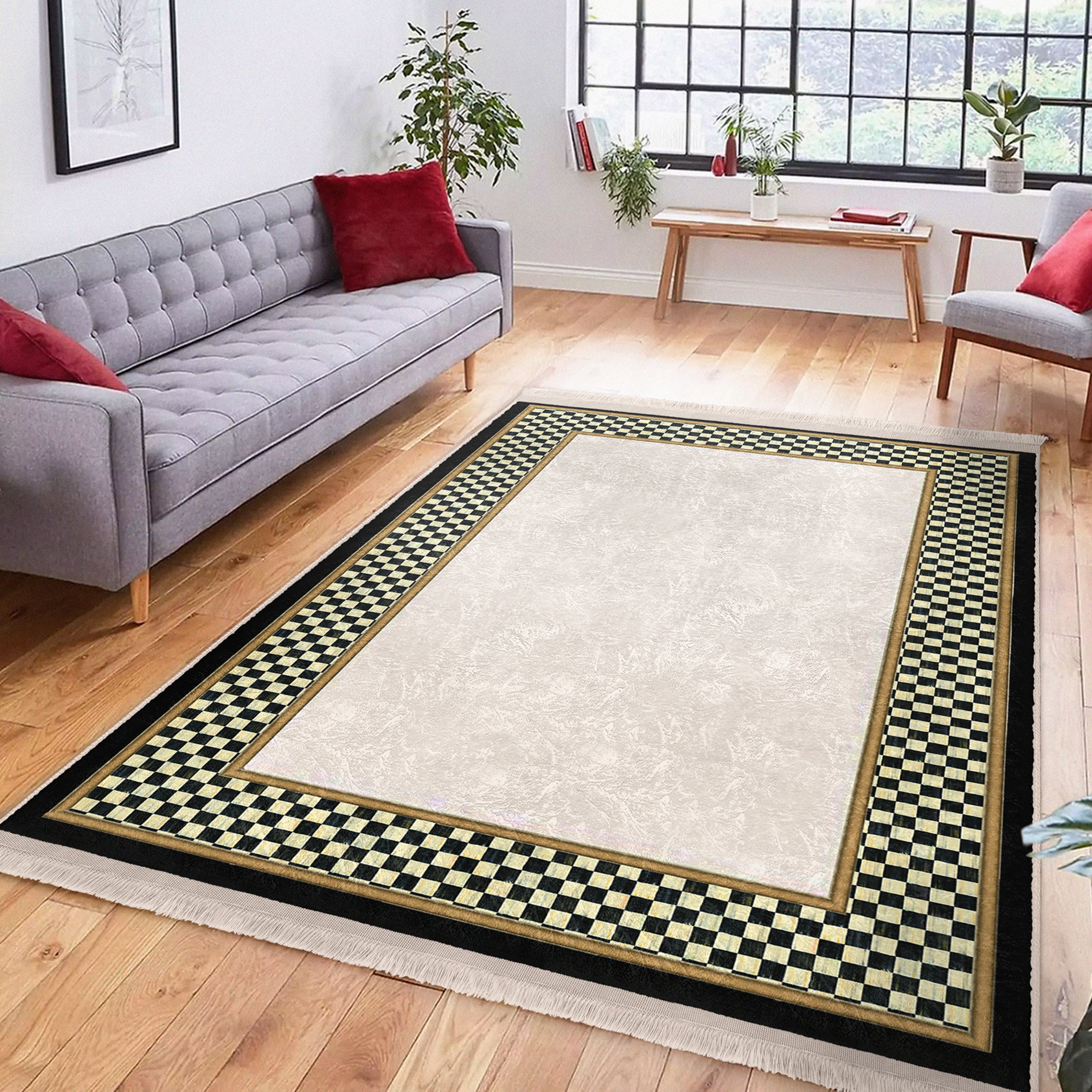 Checkered Pattern Washable Rug from Homeezone featuring a modern design with fringes, suitable for high-traffic areas.