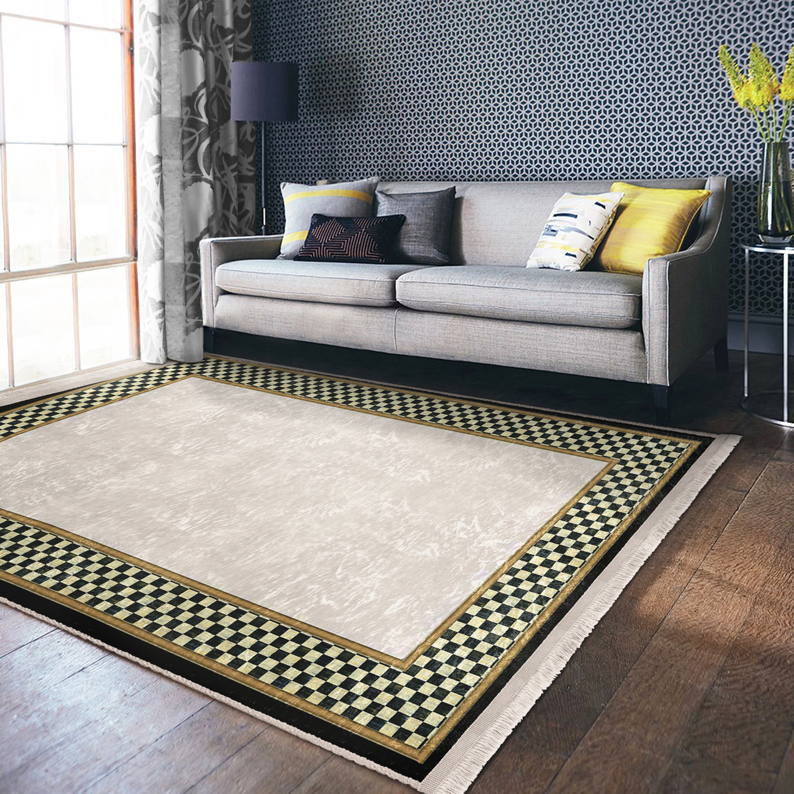 Checkered Pattern Washable Rug from Homeezone featuring a modern design with fringes, suitable for high-traffic areas.