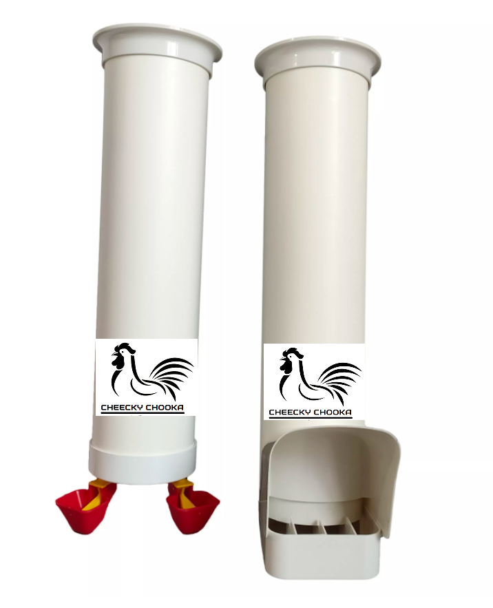 Cheeky Chooka Poultry Feeder and Waterer Set with rain-proof design, suitable for 4-6 chickens, featuring easy installation hooks and brackets.