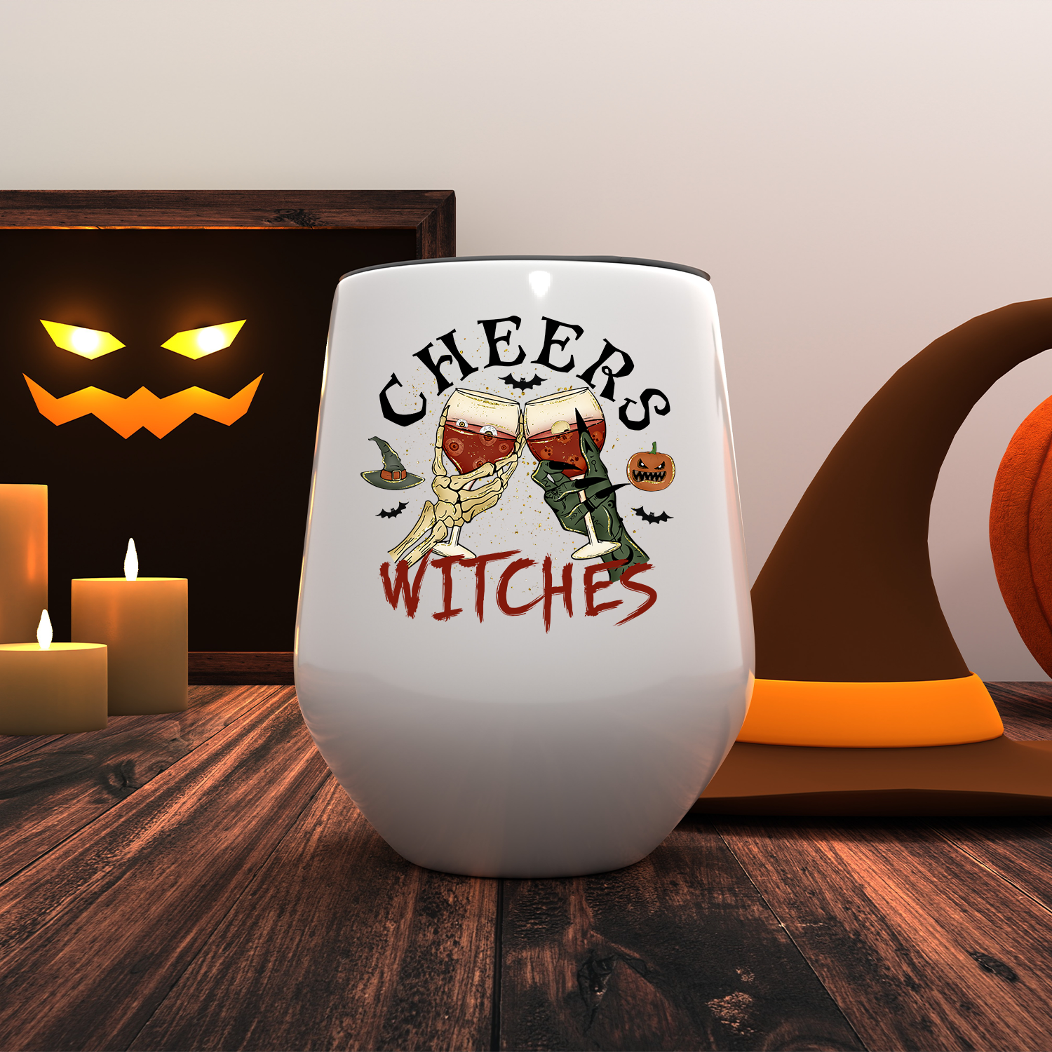 Cheers Witches Wine Tumbler, a 12oz insulated stemless cup with a stylish design and a secure lid, perfect for on-the-go drinks.