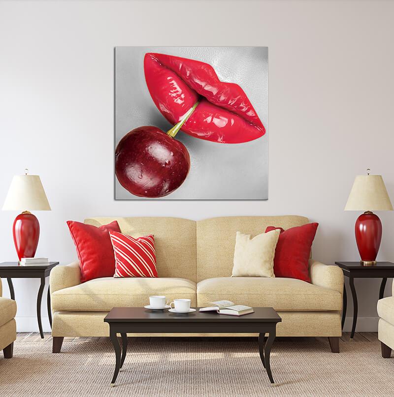 Cherry Lips Acrylic Print showcasing vibrant colors and high-gloss finish, perfect for modern wall decor.