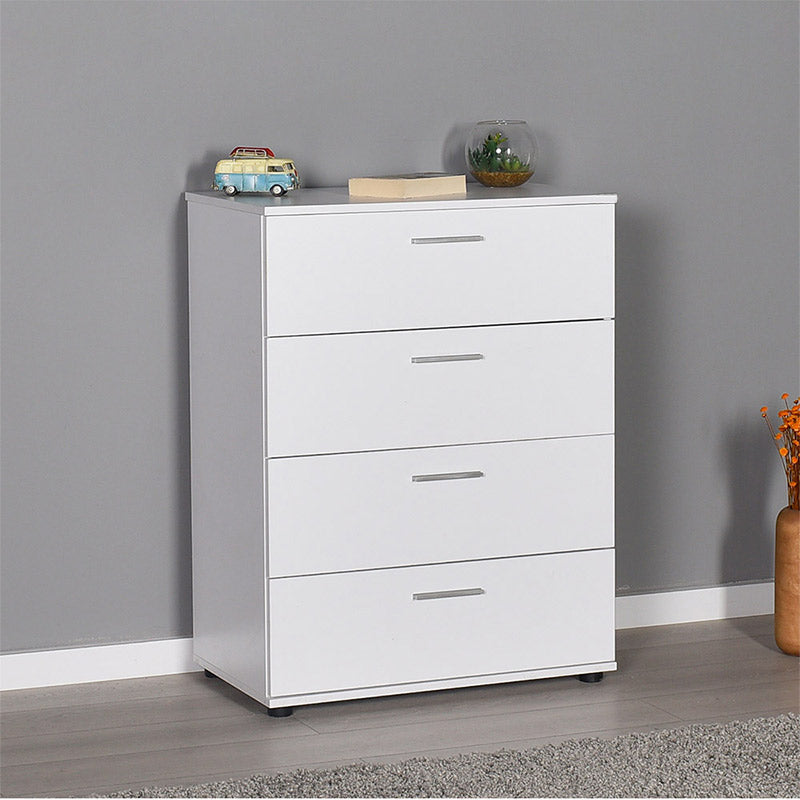 ALICE White Chest of Drawers with four drawers and a sleek design, perfect for bedroom storage.