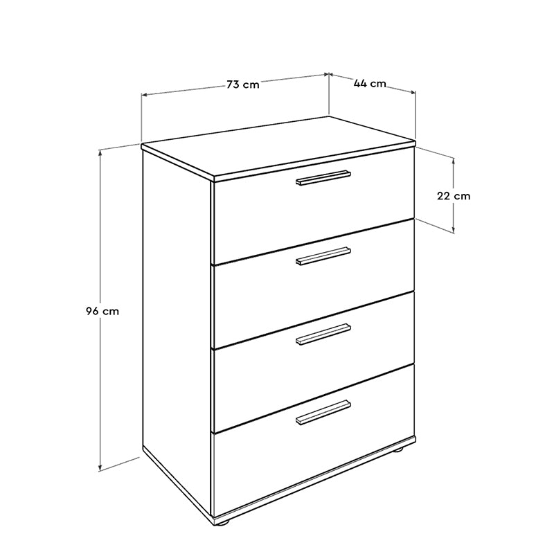 ALICE White Chest of Drawers with four drawers and a sleek design, perfect for bedroom storage.