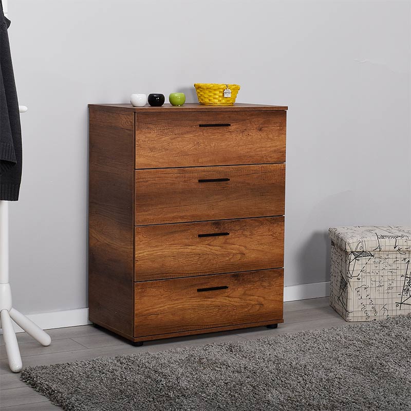 KRAMER Chest of Drawers in walnut finish, featuring four drawers and a reinforced melamine frame, dimensions 73x44x96 cm.