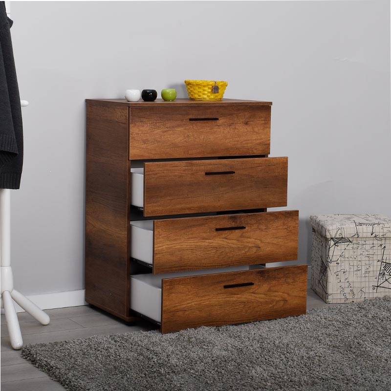 KRAMER Chest of Drawers in walnut finish, featuring four drawers and a reinforced melamine frame, dimensions 73x44x96 cm.