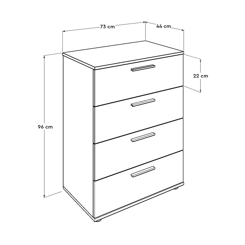 KRAMER Chest of Drawers in walnut finish, featuring four drawers and a reinforced melamine frame, dimensions 73x44x96 cm.