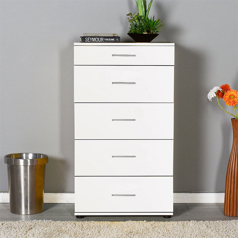 SAMANTHA White Chest of Drawers with five drawers and a sleek design, perfect for bedroom storage.