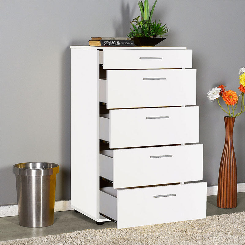 SAMANTHA White Chest of Drawers with five drawers and a sleek design, perfect for bedroom storage.