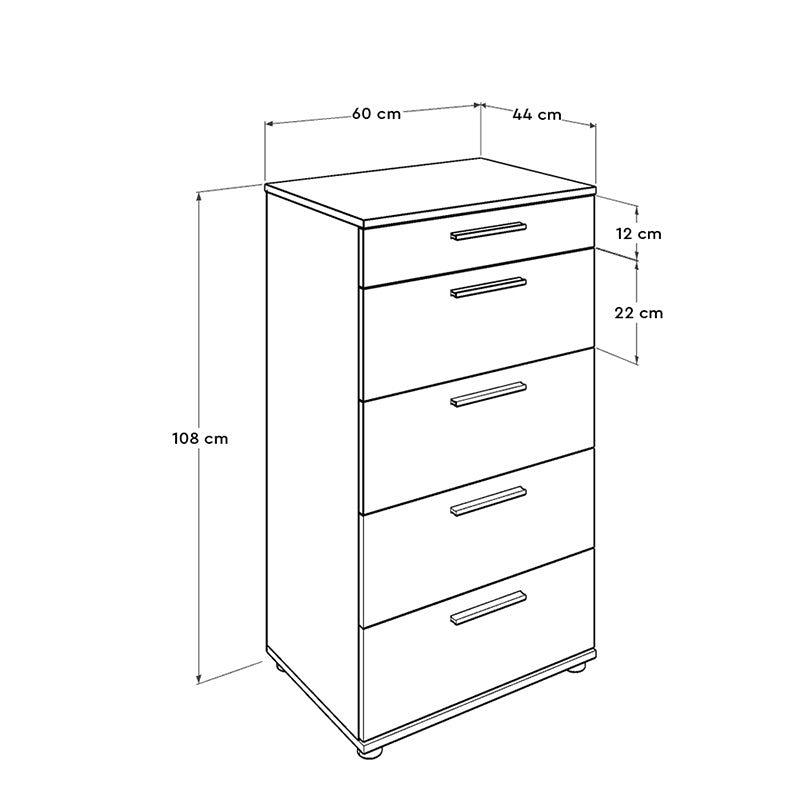 SAMANTHA White Chest of Drawers with five drawers and a sleek design, perfect for bedroom storage.