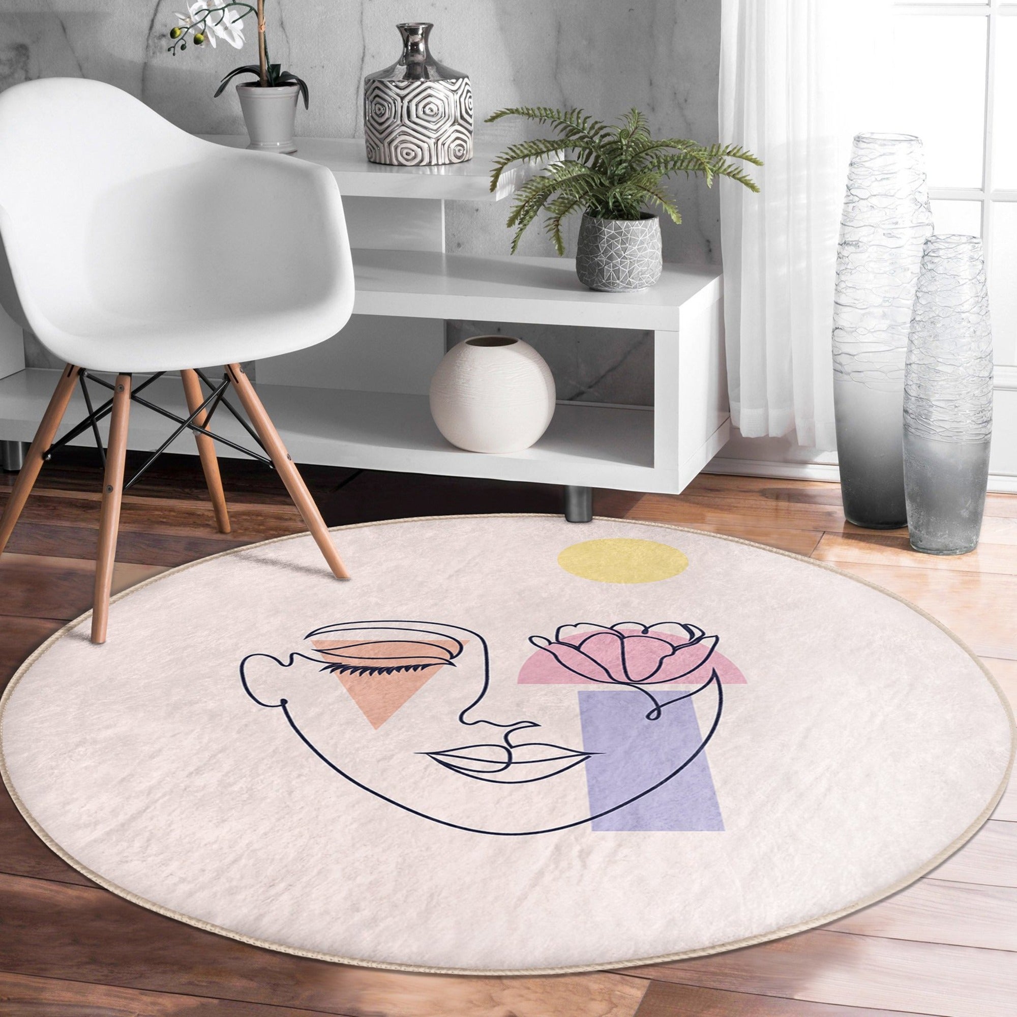 Chic Minimalist Face Pattern Round Rug featuring a stylish face design, made from soft velvet fabric, perfect for modern home decor.